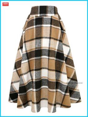 High Waisted Wool Plaid A-Line Long Skirt Side Pockets Ankle Length Fall Winter